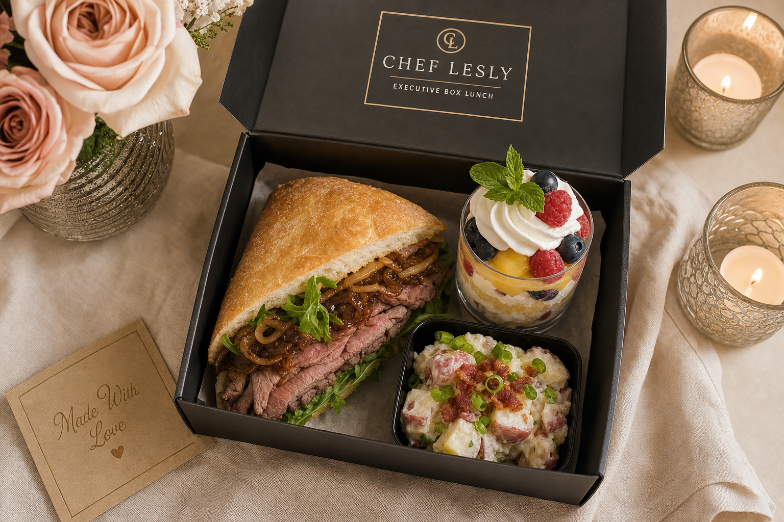 Chef Lesly signature Executive Box Lunch with prime rib sandwich on toasted ciabatta with arugula and caramelized onion, red potato salad with scallions and bacon, and a Lemon Berry Trifle parfait, photographed candle-lit on a cream linen napkin