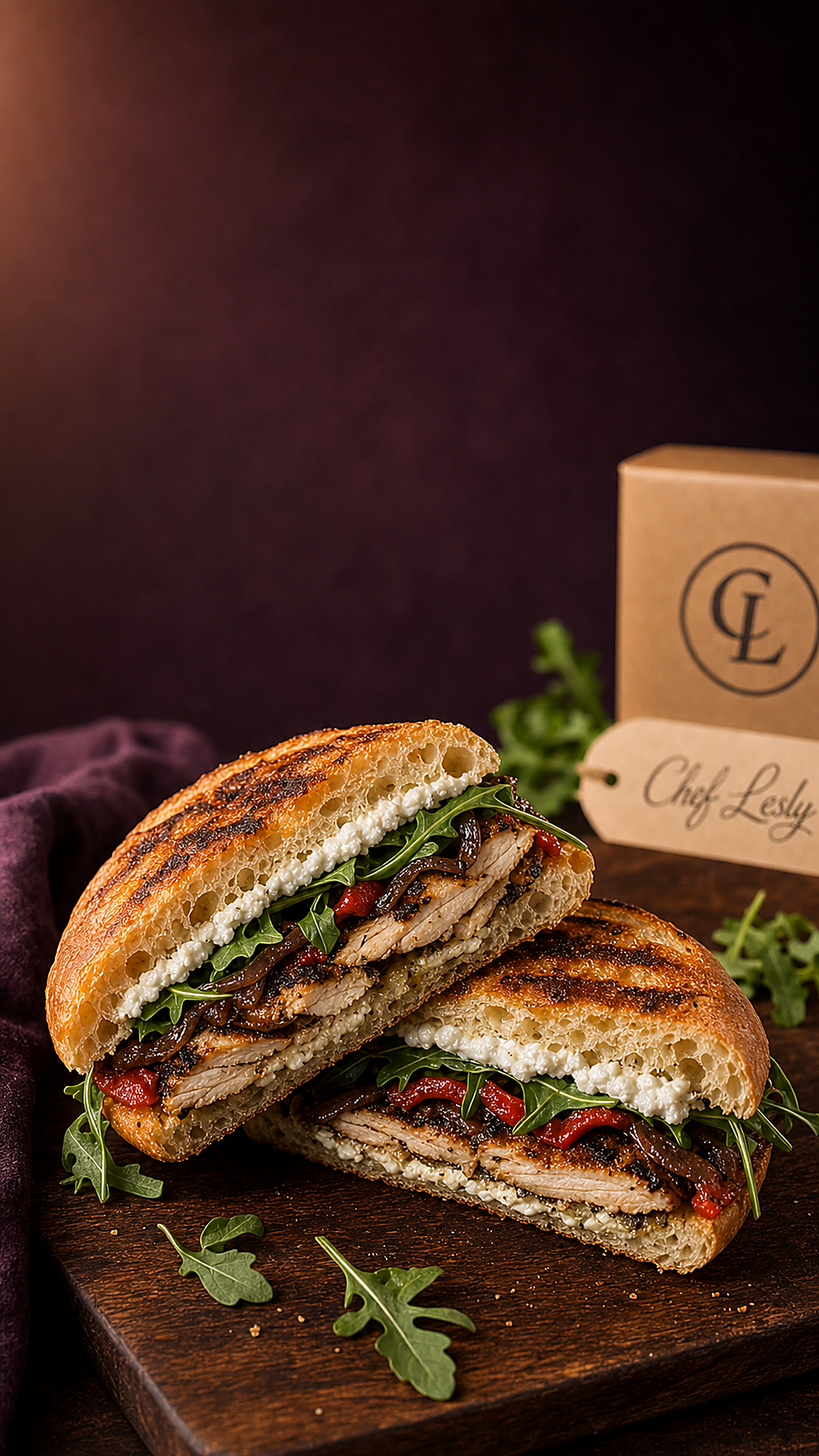 Chef Lesly Grilled Chicken & Goat Cheese sandwich on toasted ciabatta