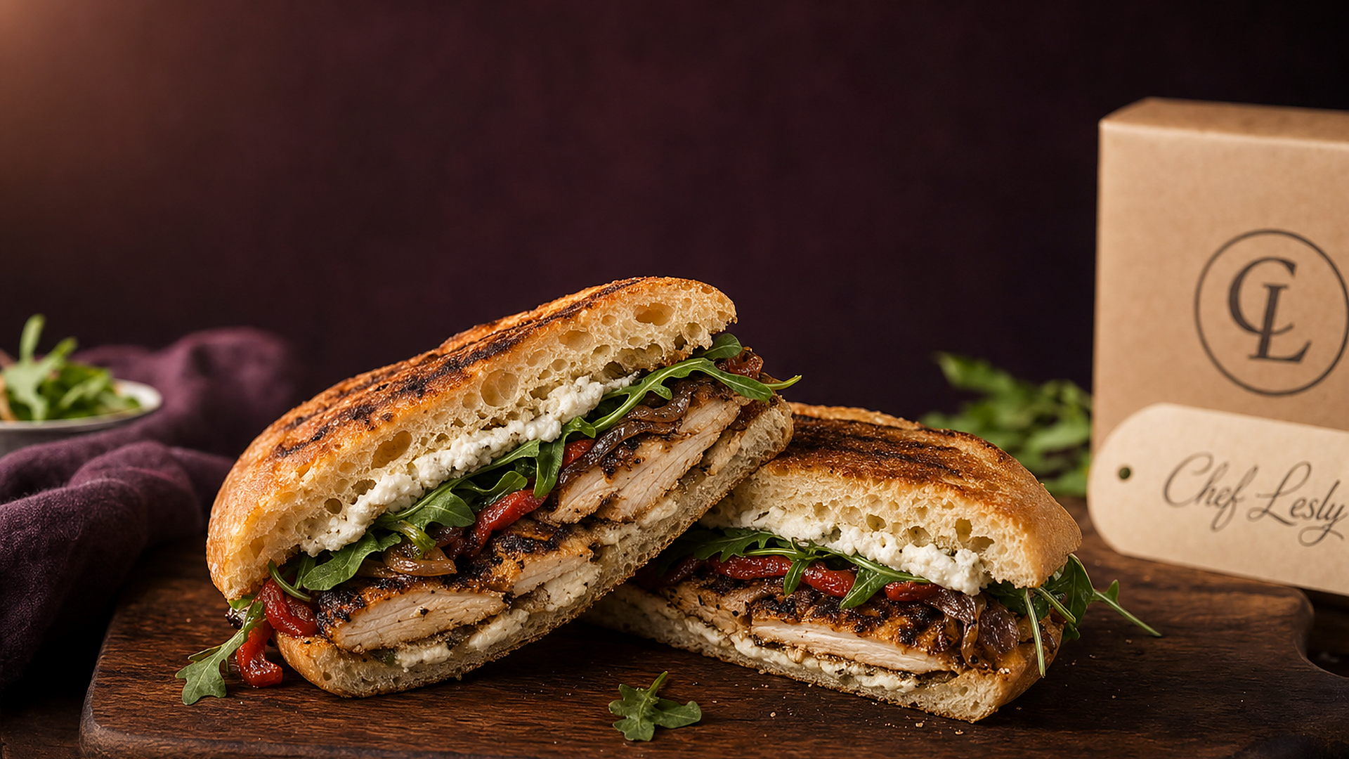 Grilled Chicken & Goat Cheese — the signature sandwich: grilled sliced chicken, creamy goat cheese, arugula and roasted red pepper on toasted ciabatta, on a walnut board