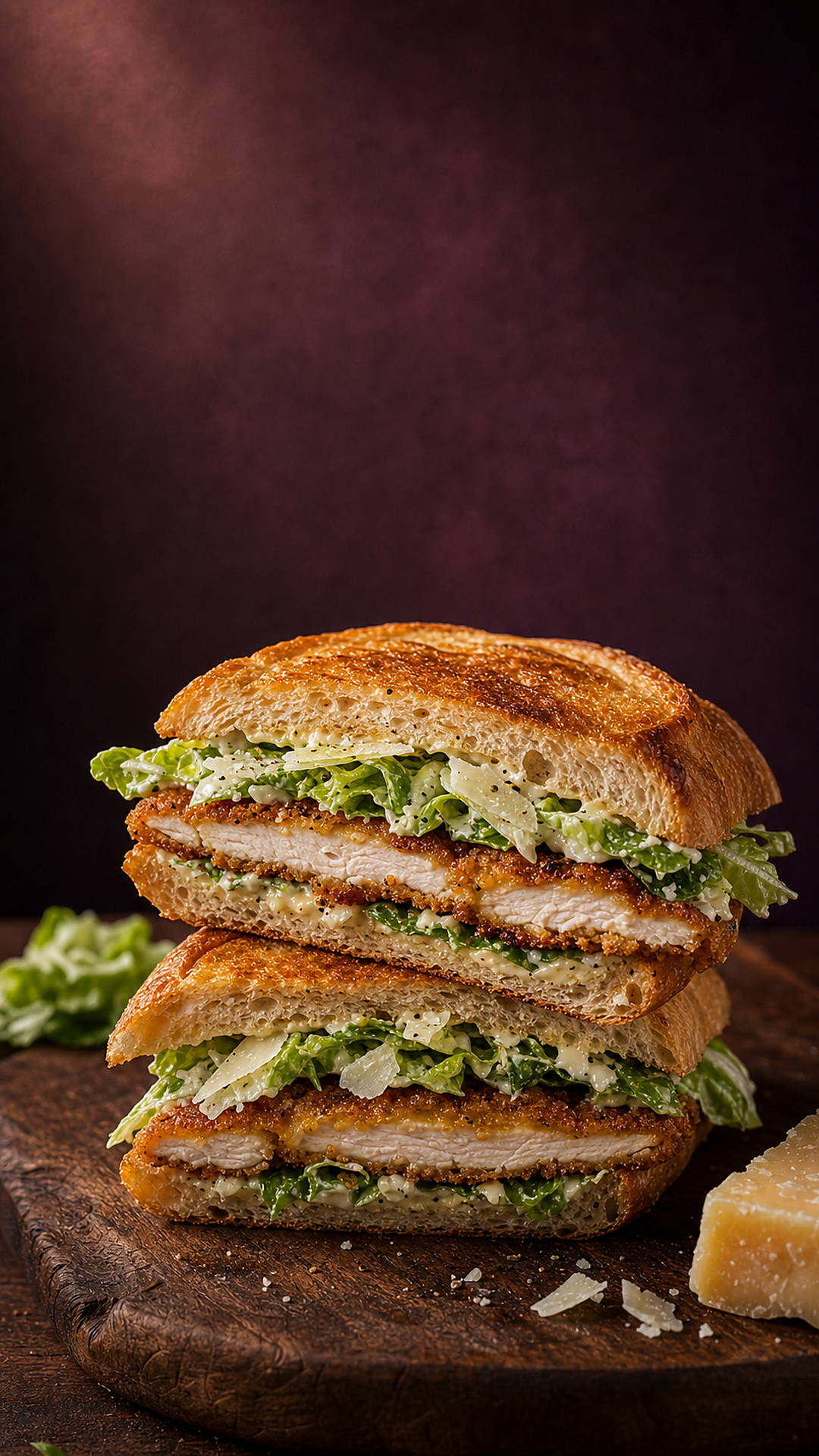 Chicken Caesar sandwich — crispy breaded chicken, romaine, shaved parmesan and creamy Caesar on toasted Italian bread
