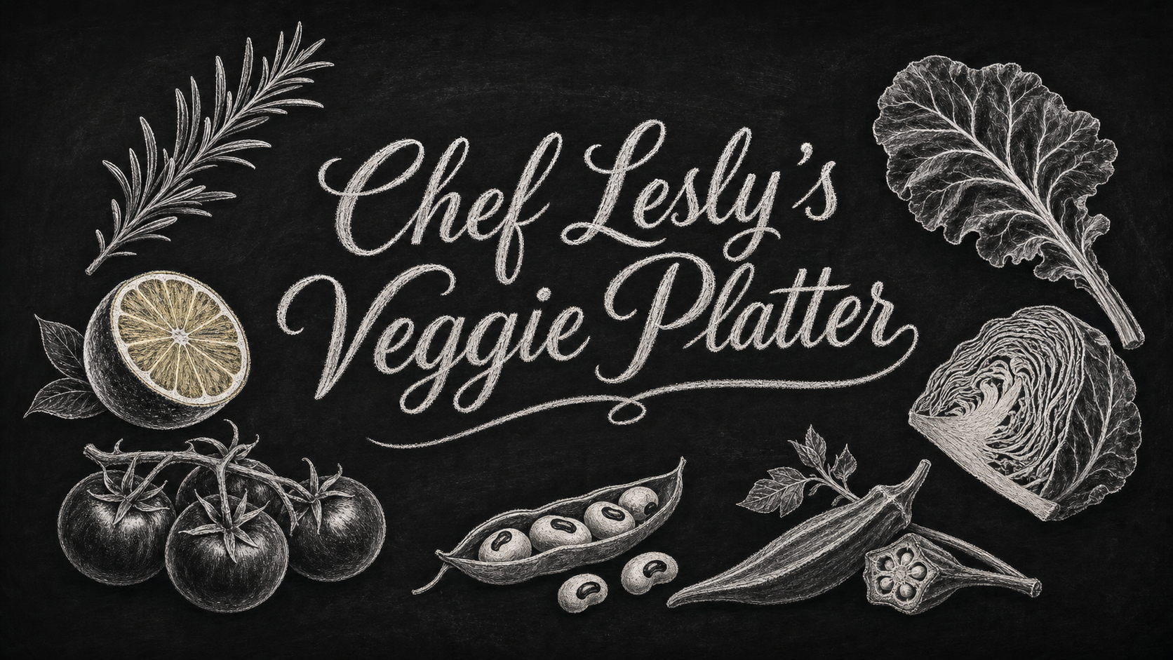 Chef Lesly's Veggie Platter — black-eyed peas, asparagus, southwest salad and other sides arranged in a chalkboard composition